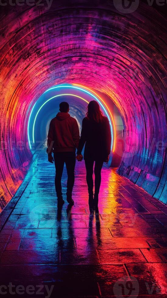 Romantic couple walks hand in hand through illuminated tunnel at night near city center photo