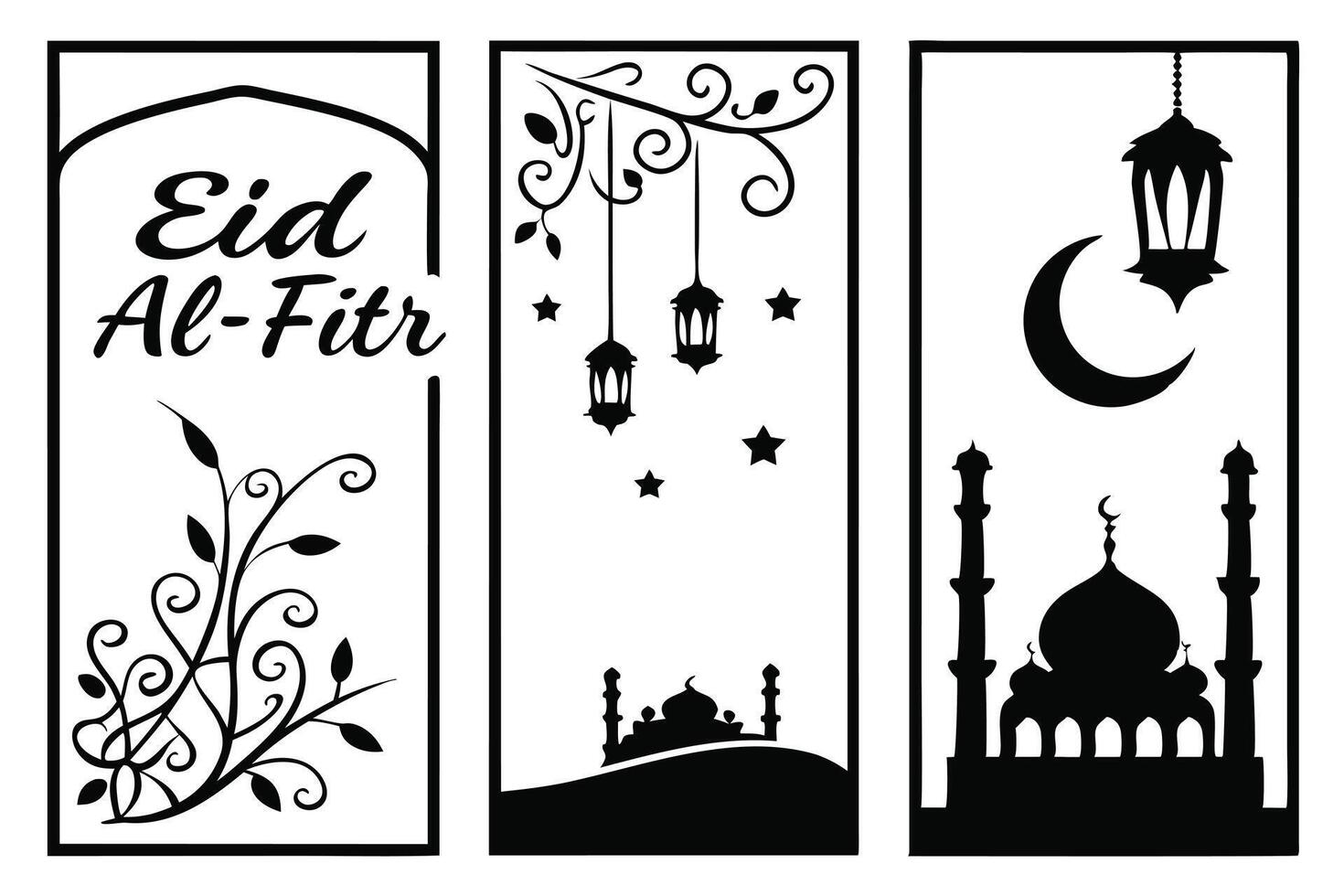 elegant eid al-fitr design in black and white featuring mosque domes, crescent moon, hanging lanterns, arabic calligraphy, and decorative floral elements for islamic art vector