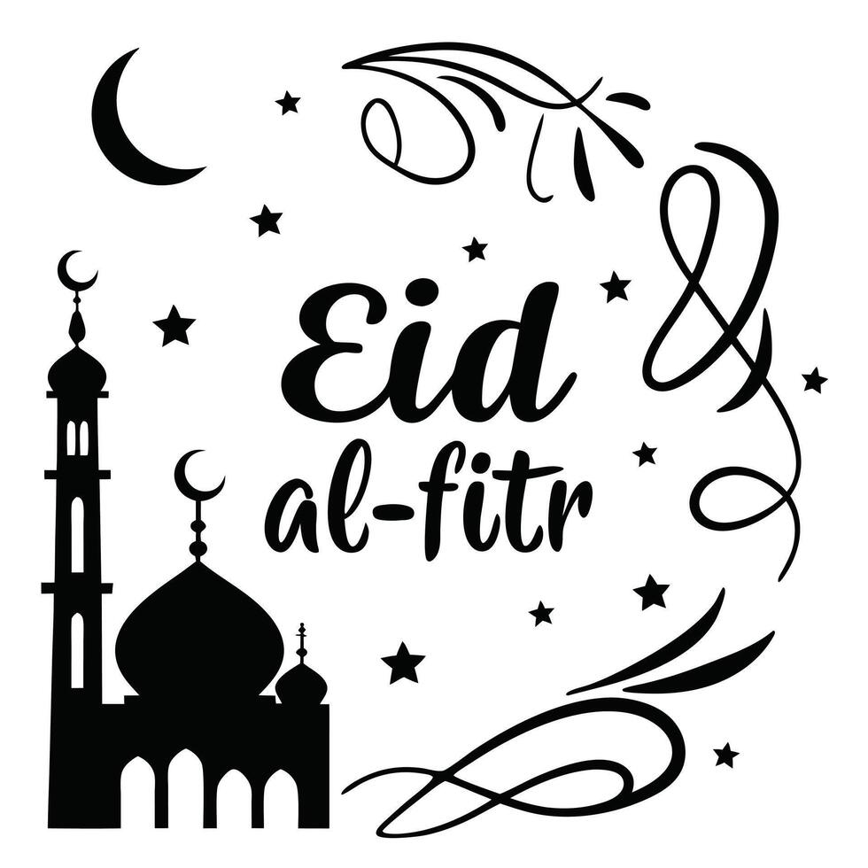 eid al-fitr minimalist design with black silhouette of mosque, crescent moon, decorative stars, swirling patterns, and elegant typography for Islamic festival celebration vector