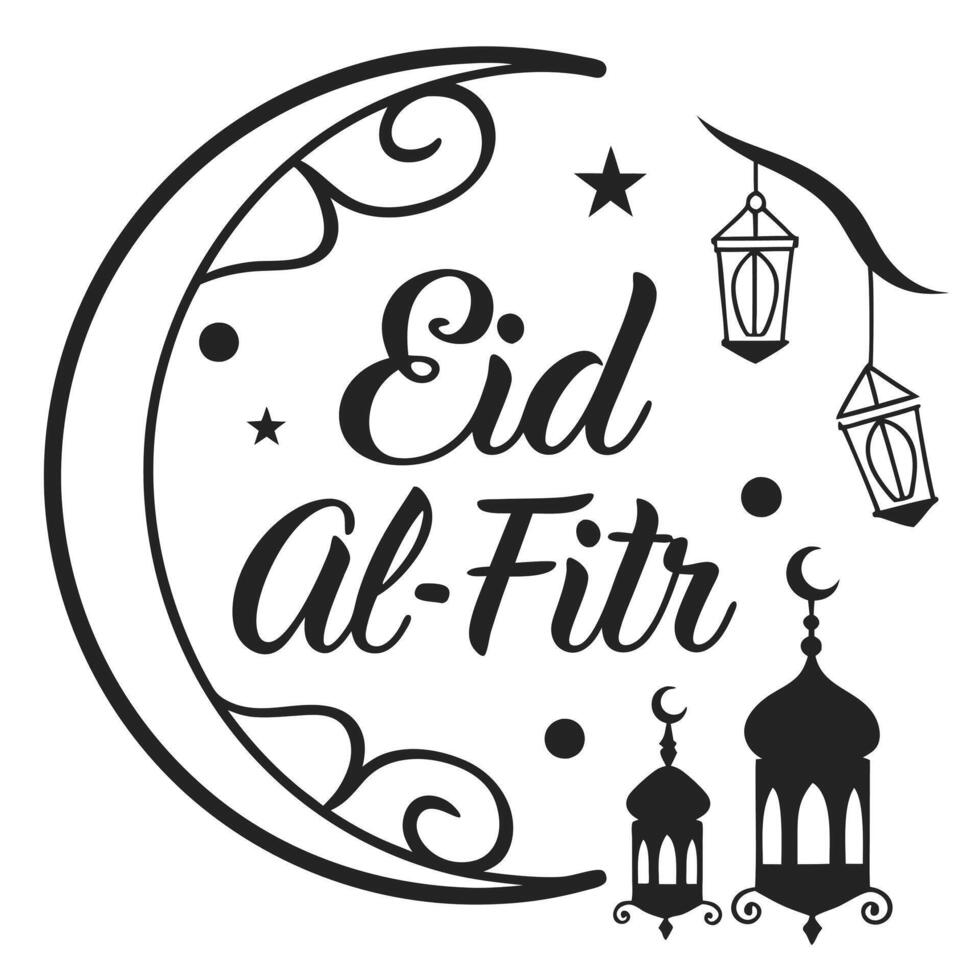 intricate eid al-fitr black and white with crescent moon, mosque, arabic calligraphy, islamic lanterns, and celestial stars in elegant minimalistic islamic festival theme vector