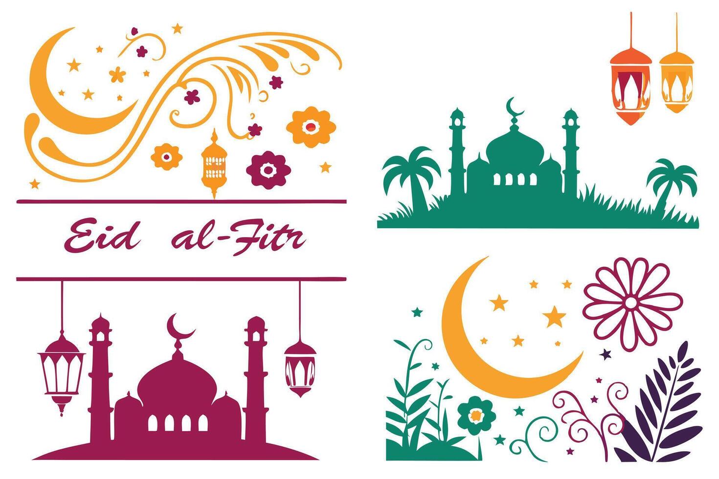 Eid al-Fitr greeting with a collection of lanterns, crescent moon, stars, mosque silhouettes, floral decorations, and Arabic typography vector