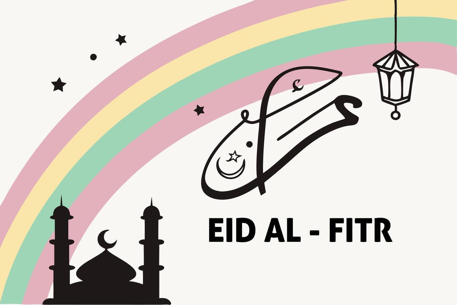 Elegant Eid al-Fitr greeting with Arabic calligraphy, mosque silhouette, palm trees, crescent moon, and pastel decorative background vector