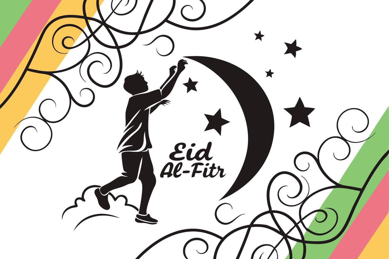 Eid al-Fitr celebration with silhouette of a praying man, crescent moon, stars, and artistic floral swirls on a decorative Islamic greeting card vector