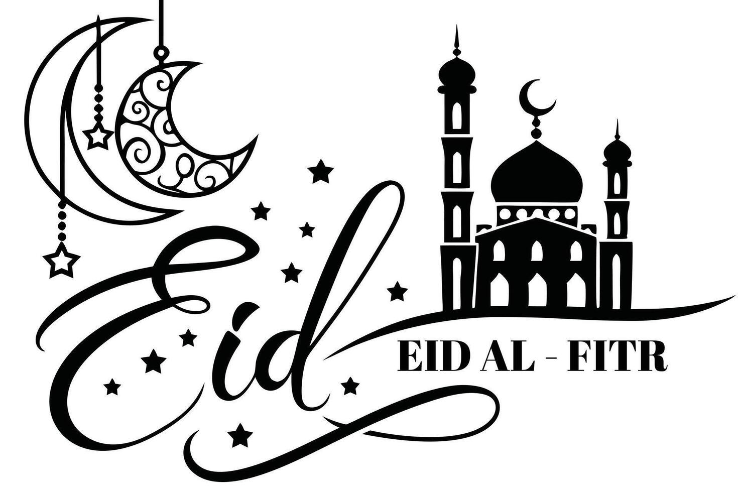 Eid al-Fitr greeting card set with decorative lanterns, mosque, crescent moon, floral patterns, and calligraphy for Ramadan and Islamic festival celebrations vector
