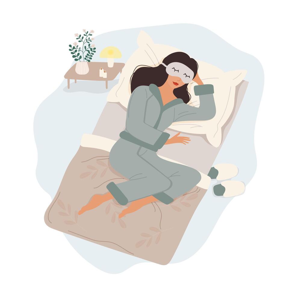 Woman sleeping in pajamas with sleep mask, isolated on white background vector