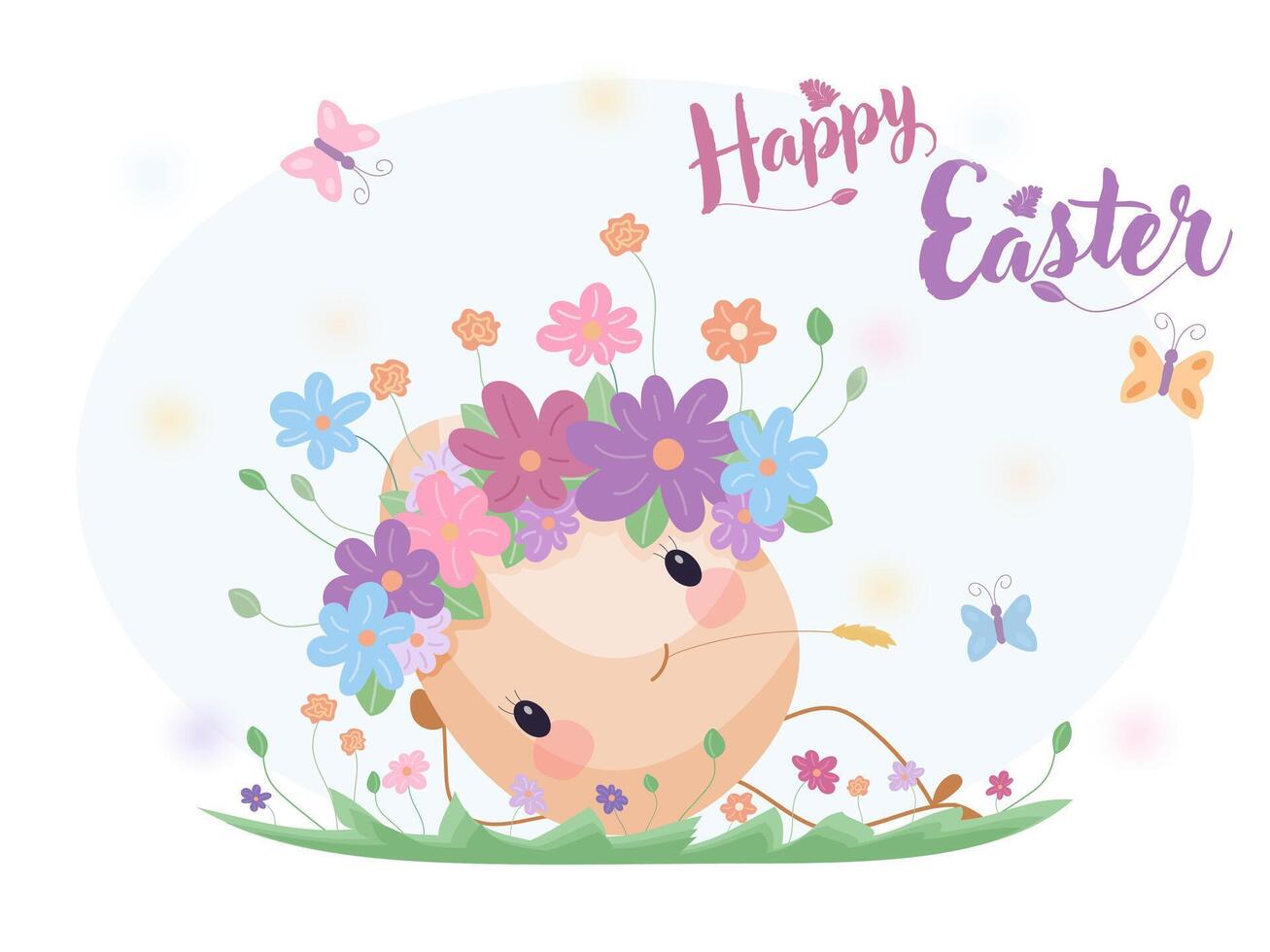 Easter egg with floral wreath lying on grass, cute holiday illustration vector