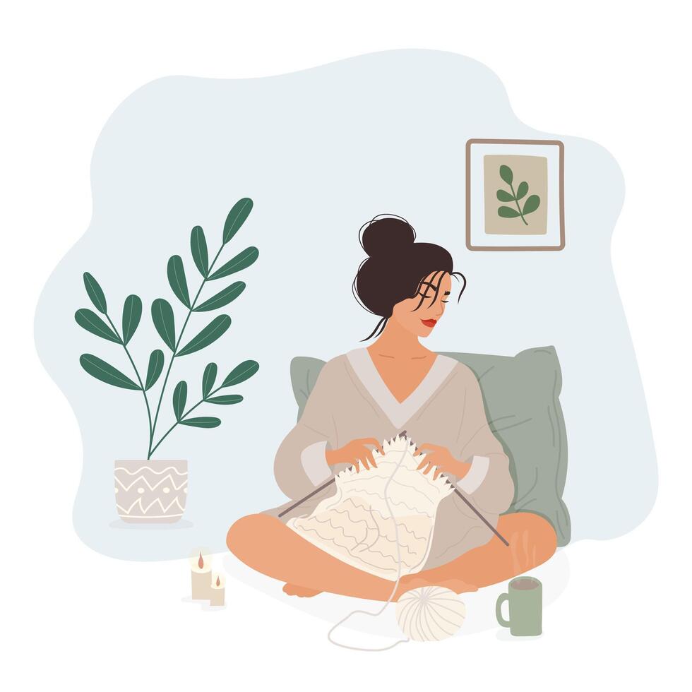 Woman Knitting in a Cozy Home Setting, Isolated on White Background vector