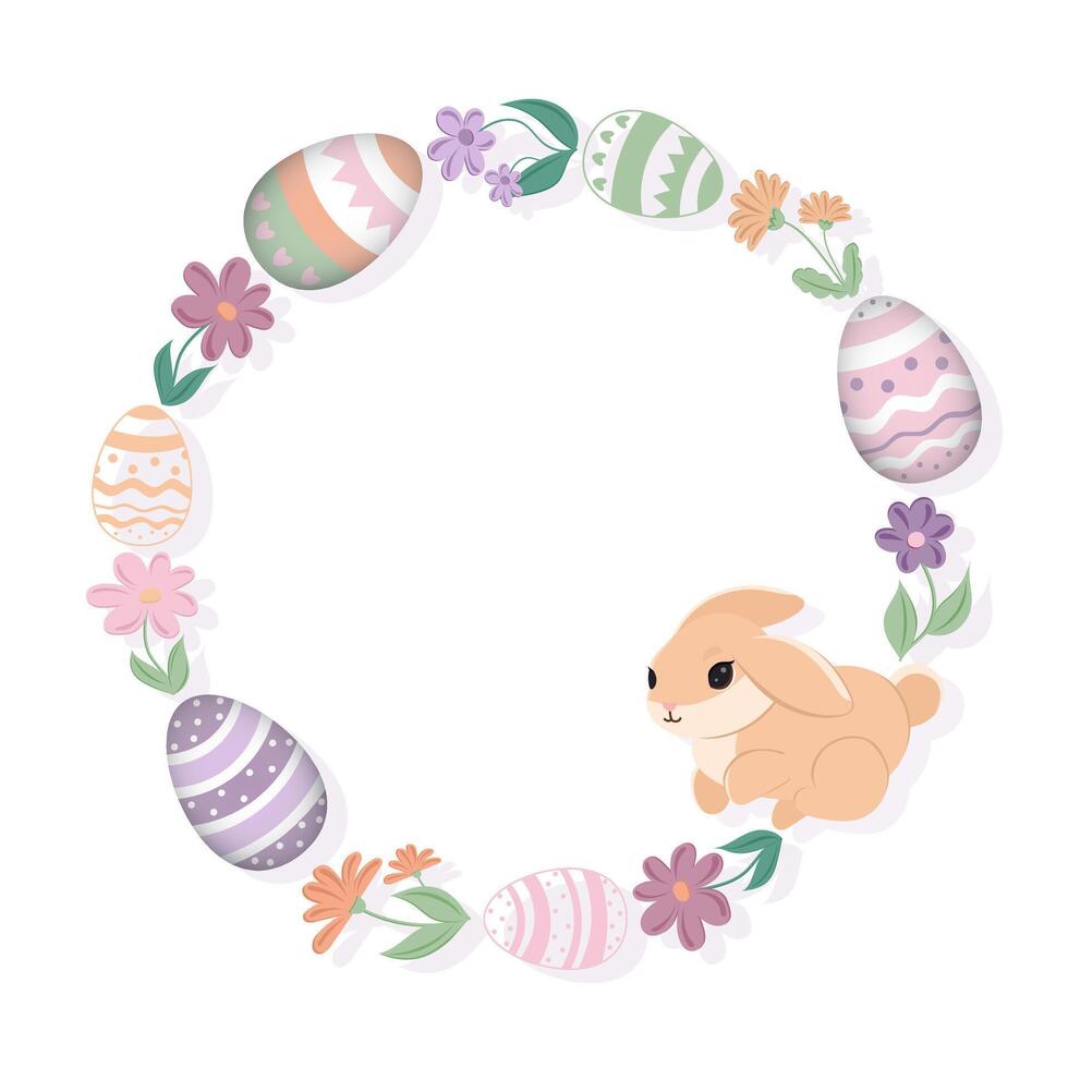 Easter wreath with decorated eggs, flowers and a cute rabbit vector