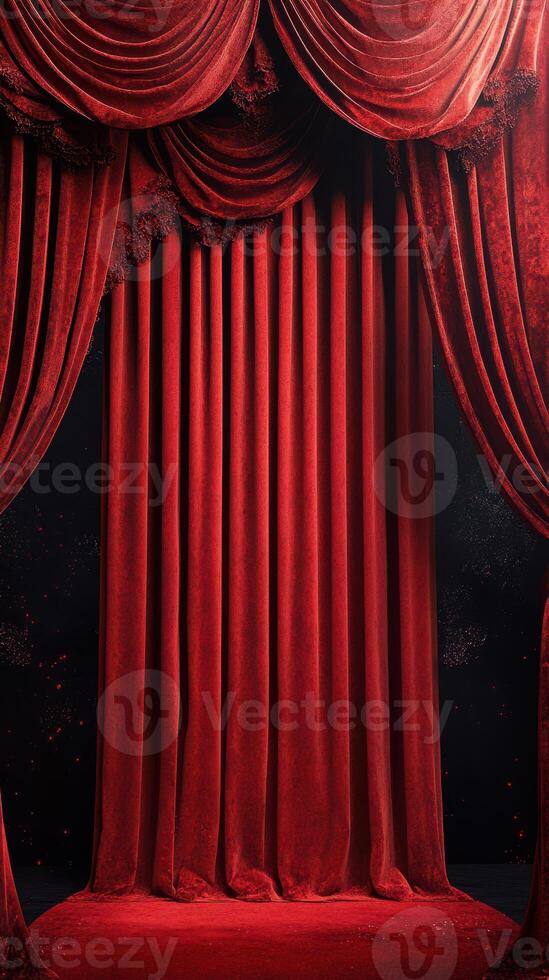 Rich red velvet curtains create an elegant backdrop for a theatrical performance in a dramatic setting photo