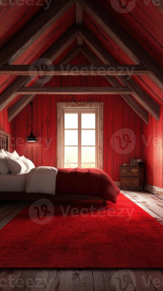 Cozy red room with rustic wooden accents and large window in a serene setting during golden hour photo