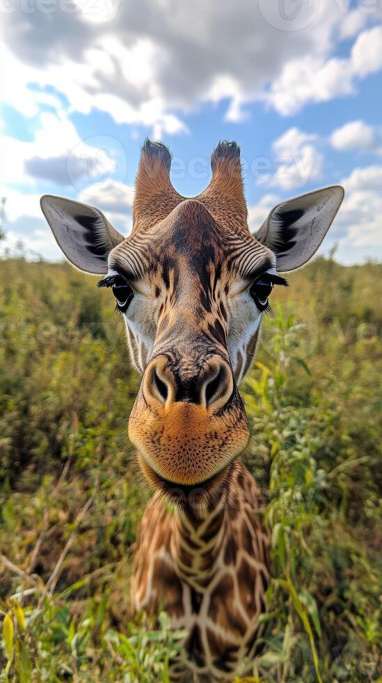 Giraffe curiously gazes at the camera in a lush green savanna under a bright blue sky photo