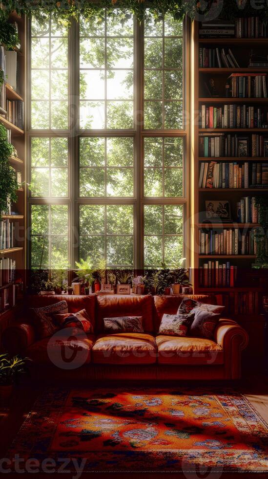 Cozy reading nook in a sunlit room with a view of lush greenery and a curated bookshelf photo