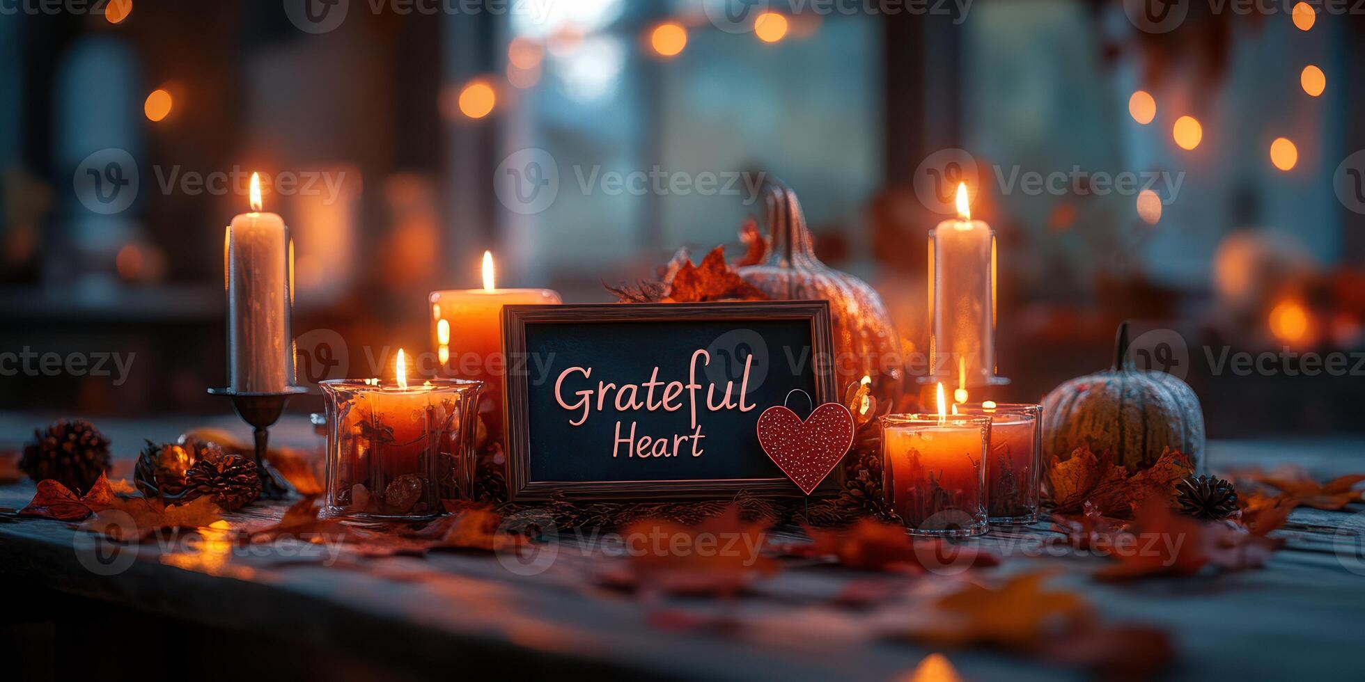 Decorative autumn table setting featuring candles, pumpkins, and a grateful heart sign during an evening gathering photo