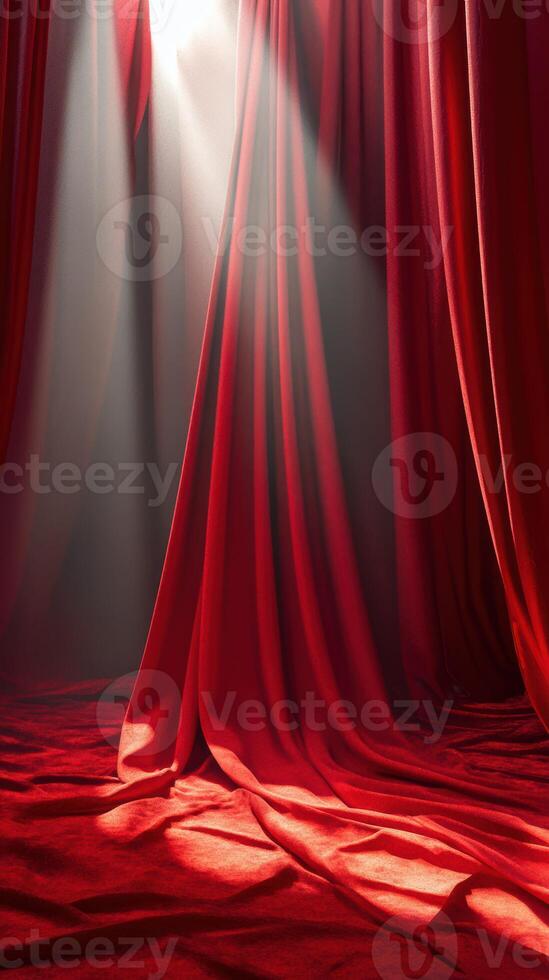 Red curtains draped in soft light create a dramatic atmosphere for a performance venue or theatrical backdrop photo