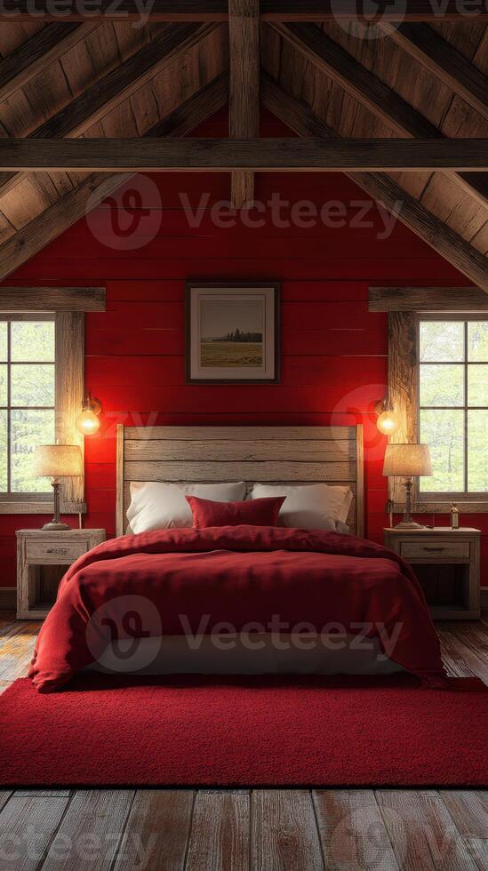 Cozy rustic bedroom with red accents and wooden beams in a serene cabin setting photo