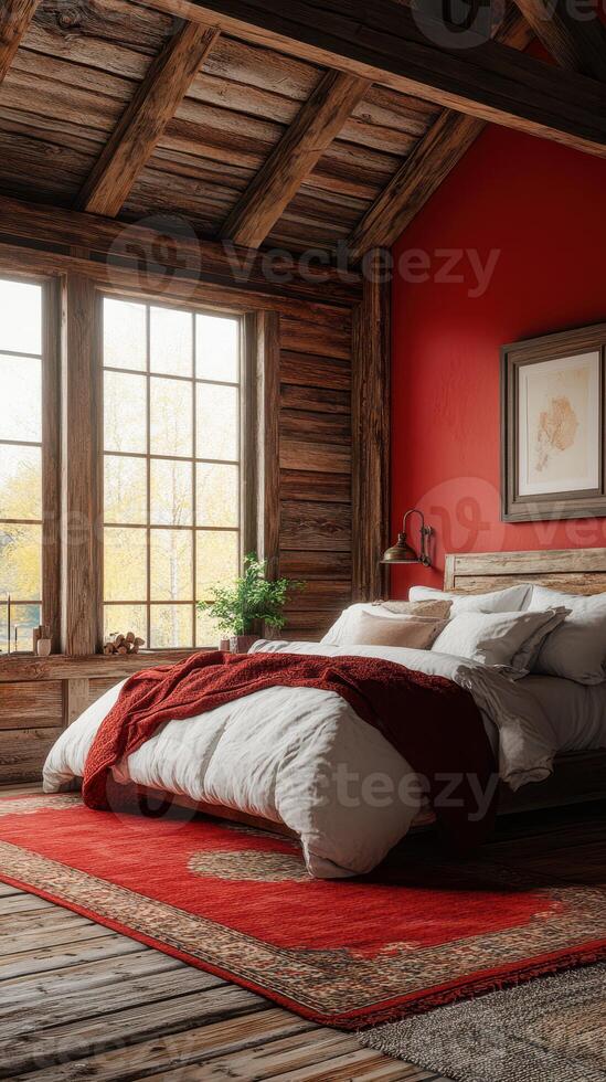 Cozy rustic bedroom with red walls, natural light, and warm decor in a wooden cabin setting photo