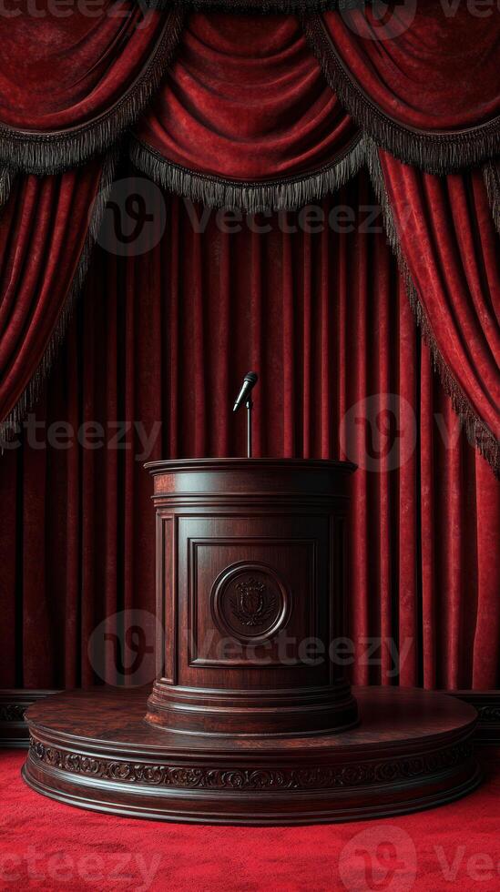 Elegant wooden podium with microphone in front of deep red curtains during a formal event setup photo