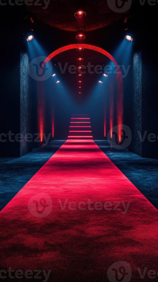 Elegant red carpet leading to an illuminated staircase in a stylish venue at night photo