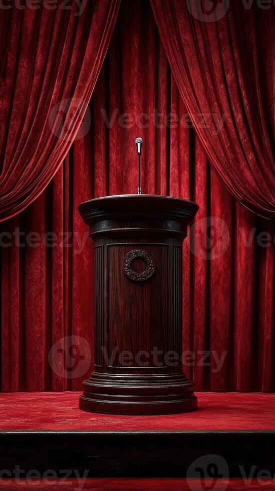 Elegant podium stands ready for a speech in a theater adorned with rich red curtains, illuminated by soft lighting photo