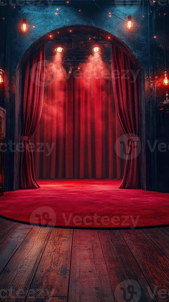 Red curtains create a dramatic entrance to a theater stage with soft lighting and a circular carpet in a vintage setting photo