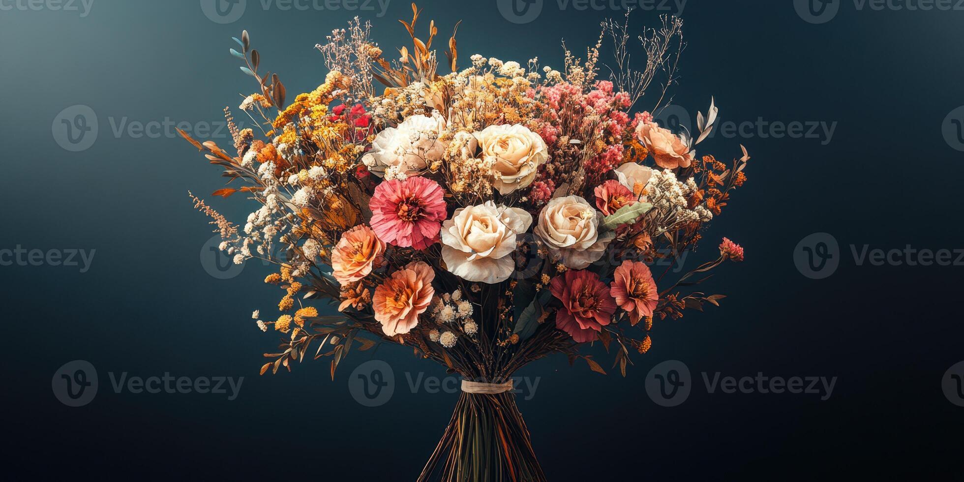 Colorful dried flower bouquet displayed against a dark background in a creative arrangement showcasing autumn hues and textures photo