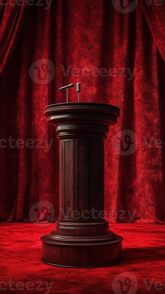 Elegant wooden podium with microphone set against vibrant red curtains in a formal setting photo