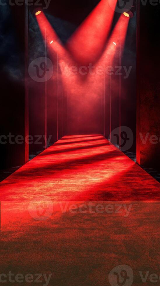 Red carpet runway illuminated by dramatic lighting in a dimly lit venue for fashion event photo