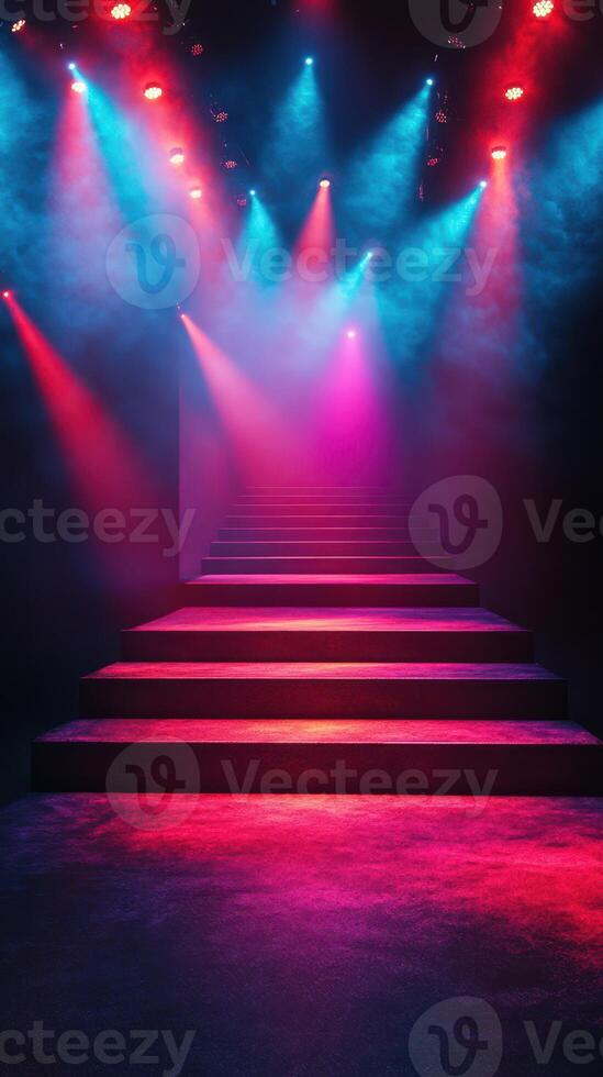 Colorful lights illuminate a staircase in a performance venue during a nighttime event photo