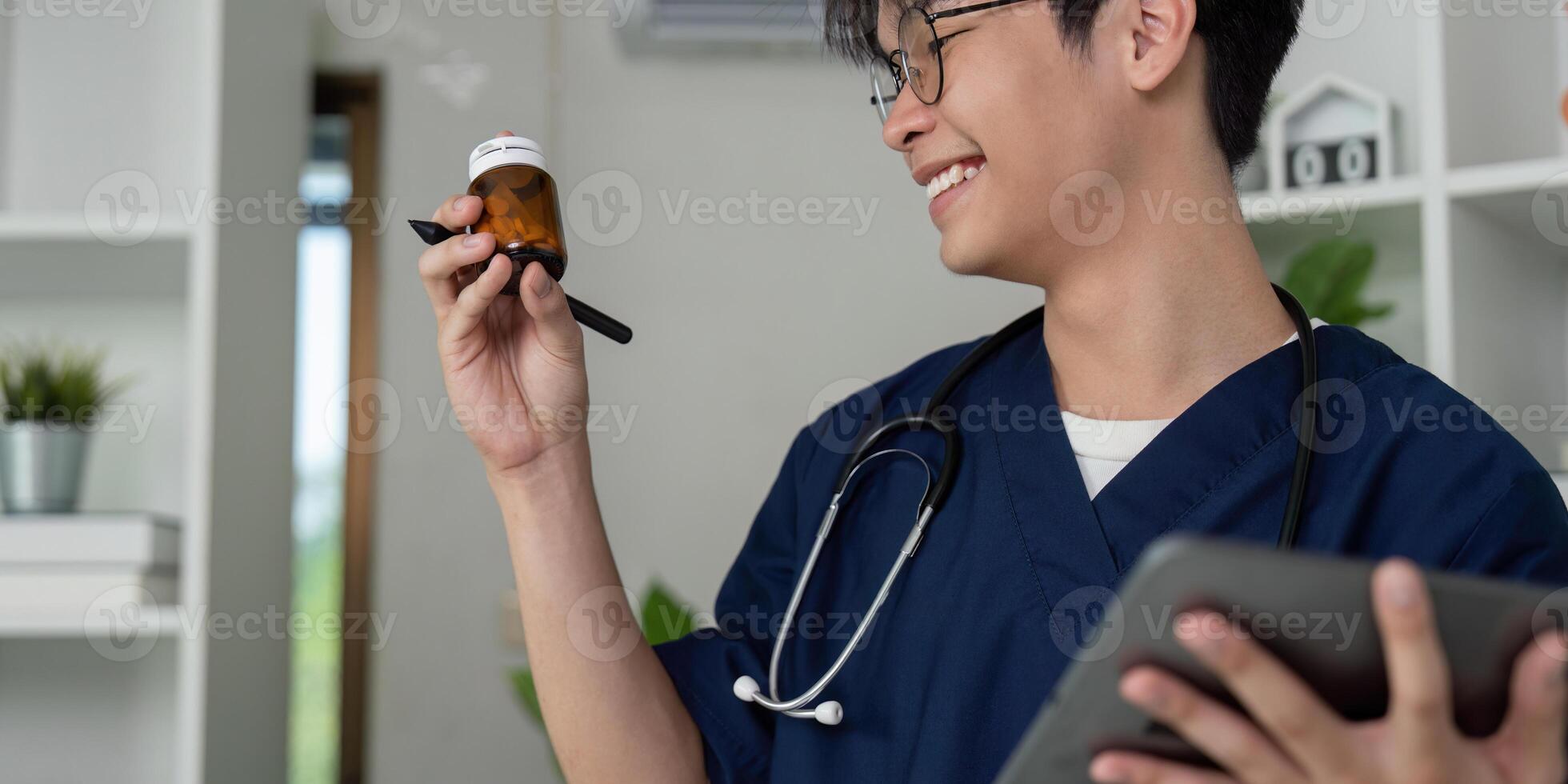 Medical student reviewing prescription medication with a smile, showcasing engagement in healthcare studies. photo