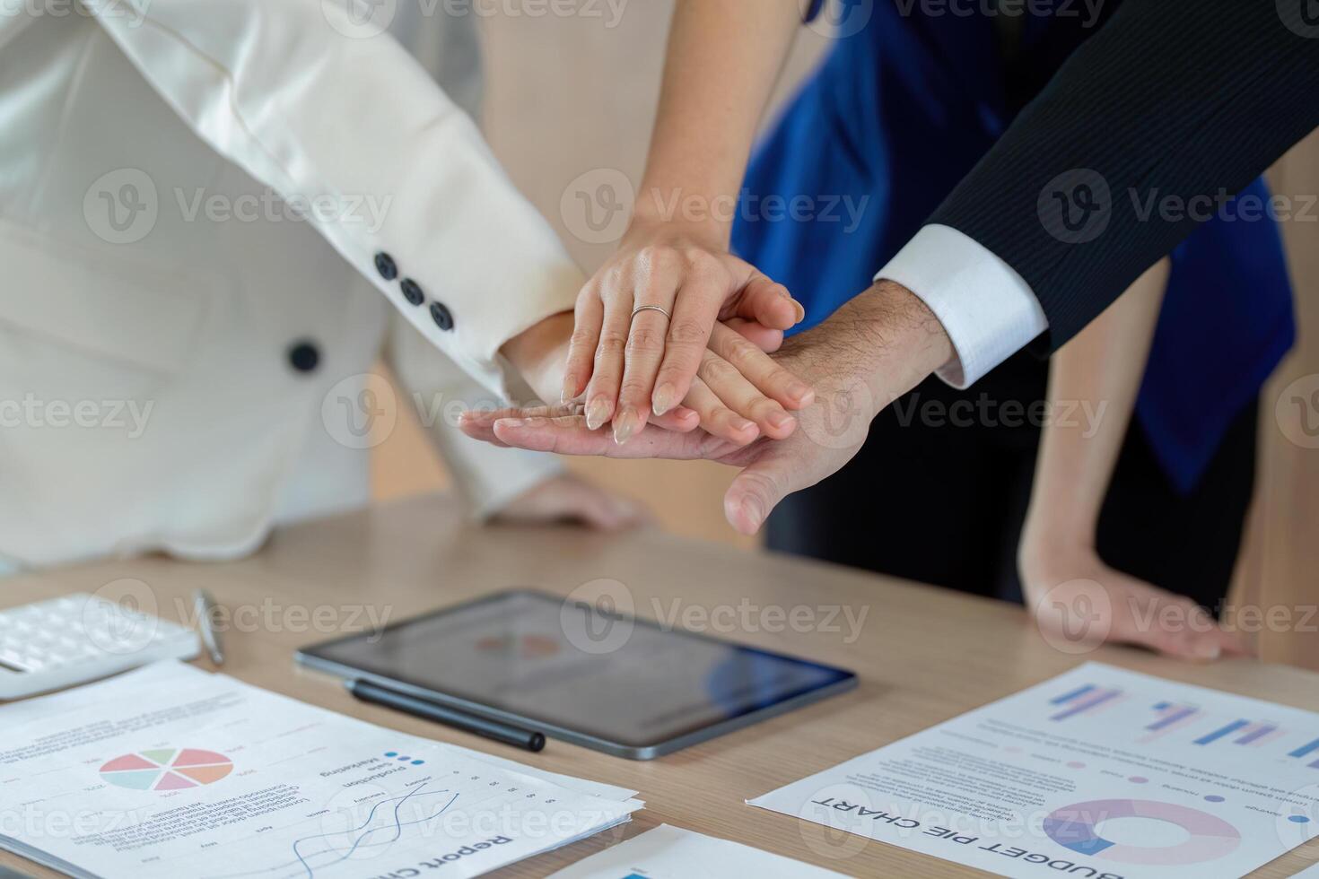 Team members joining hands in agreement after a successful financial strategy discussion. photo