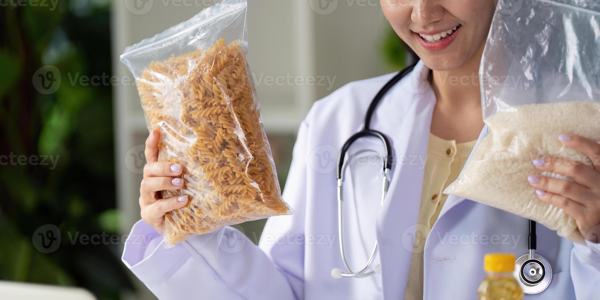 Dietitian analyzing nutritional data with food items on the table. photo