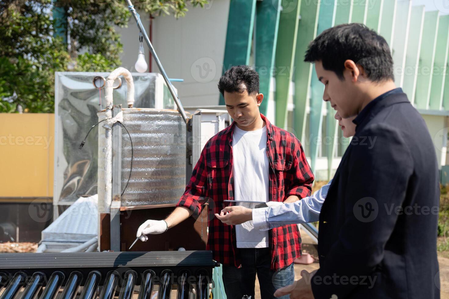 Hands-on sustainability. A lively exchange about renewable energy solutions outdoors. photo