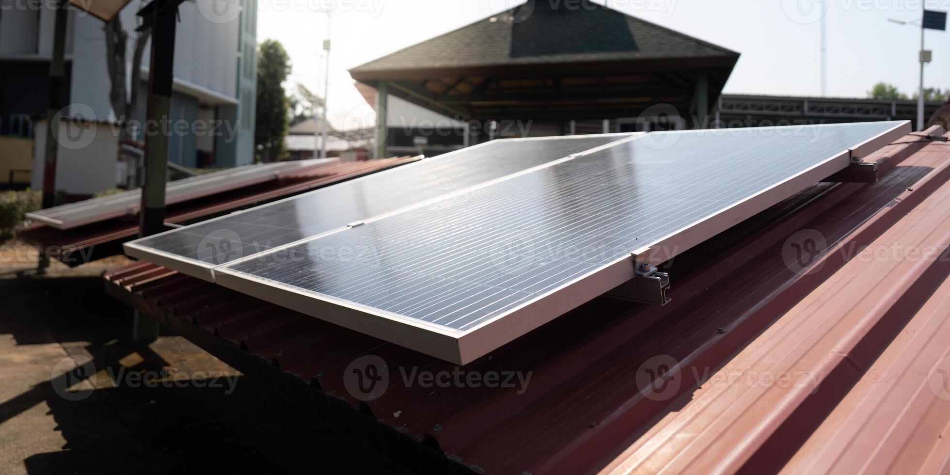 Solar energy systems. Solar panels installed on a rooftop in sunlight. photo