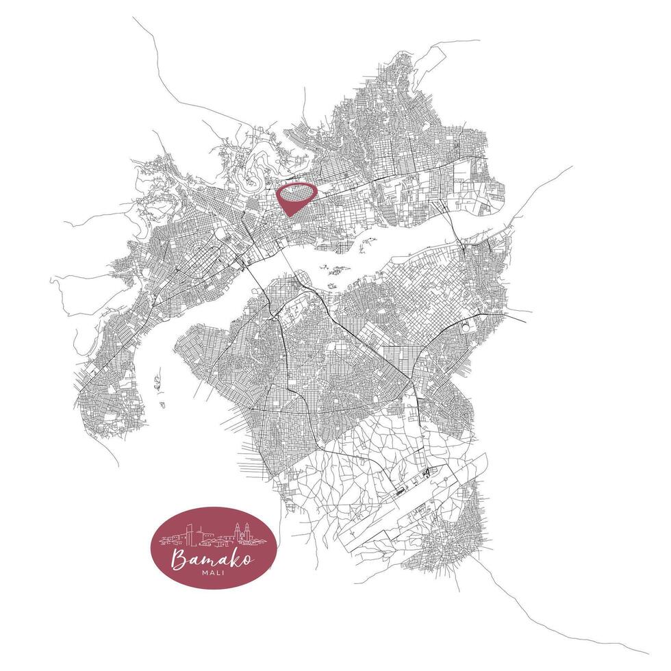 Bamako capital city of Mali,Urban Streets Roads Map with city center location pin, illustration element image vector