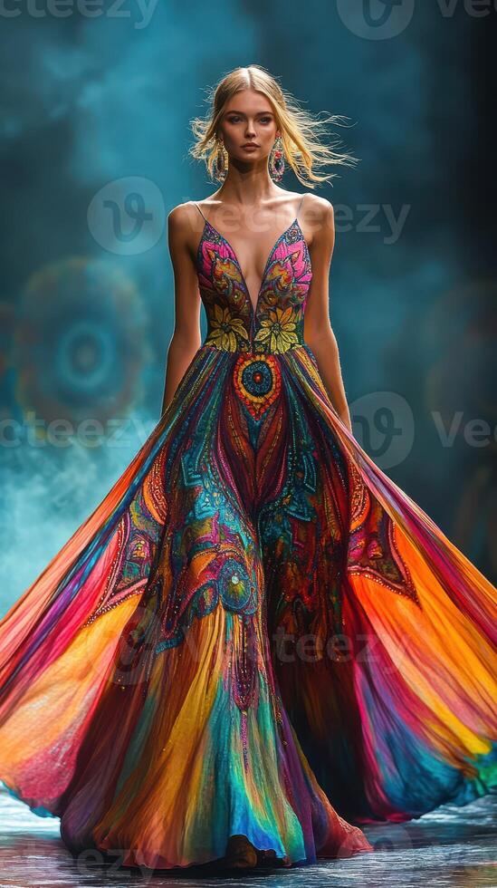 Fashion model showcases vibrant dress with intricate designs on runway during evening show photo