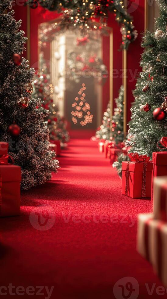 Decorative holiday corridor lined with trees and presents in a festive setting photo