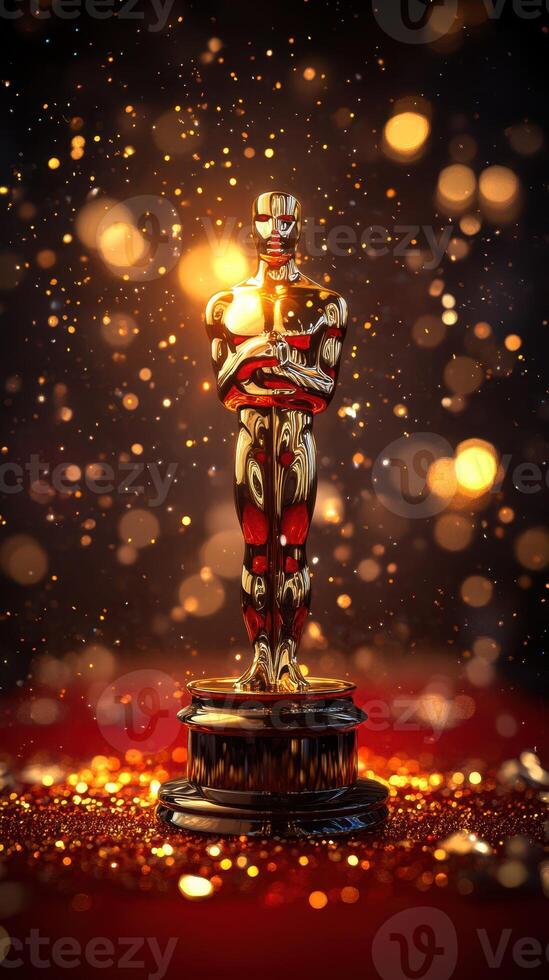 Golden statuette shines amidst sparkling lights creating a festive atmosphere for an award celebration night photo