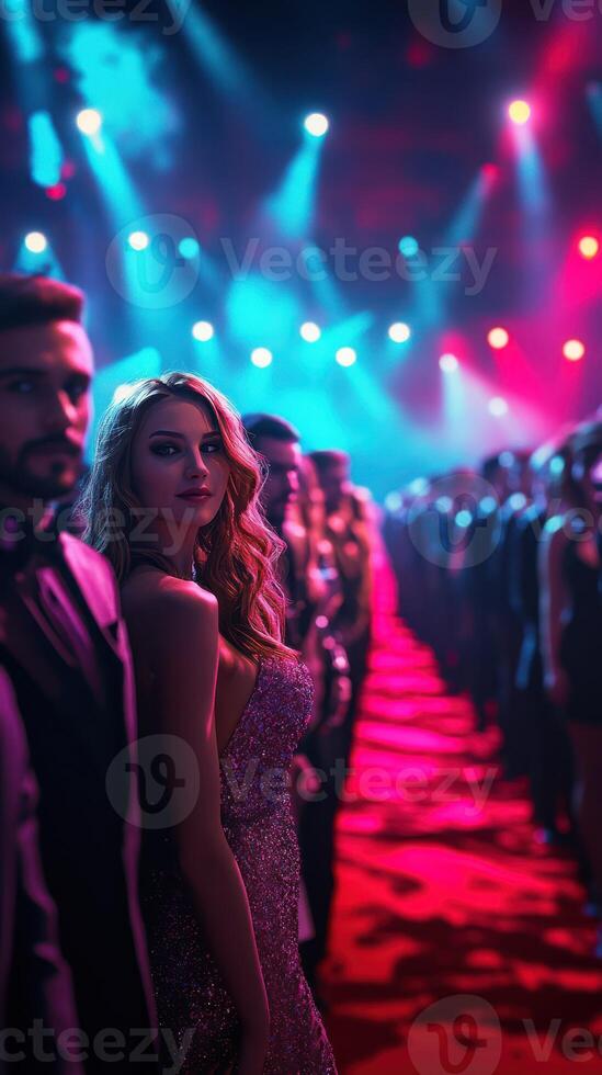 Stylish models pose on a runway with colorful lights illuminating a glamorous fashion event at night photo