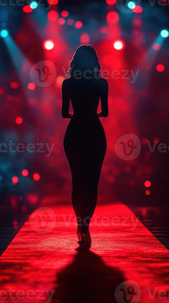 Stunning silhouette walks down the runway during night fashion event with striking red and blue lighting photo