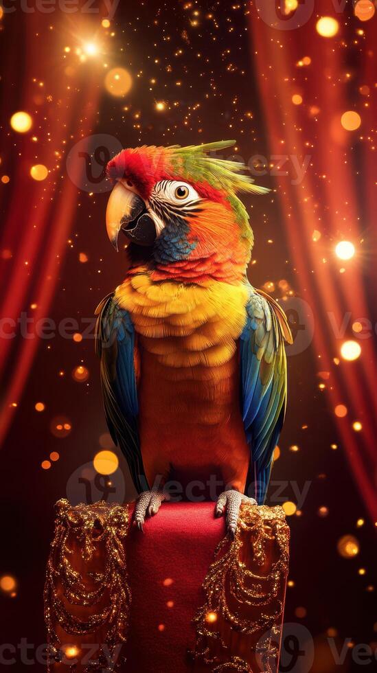 Colorful parrot posing on a decorative pedestal with sparkling background in a vibrant setting photo