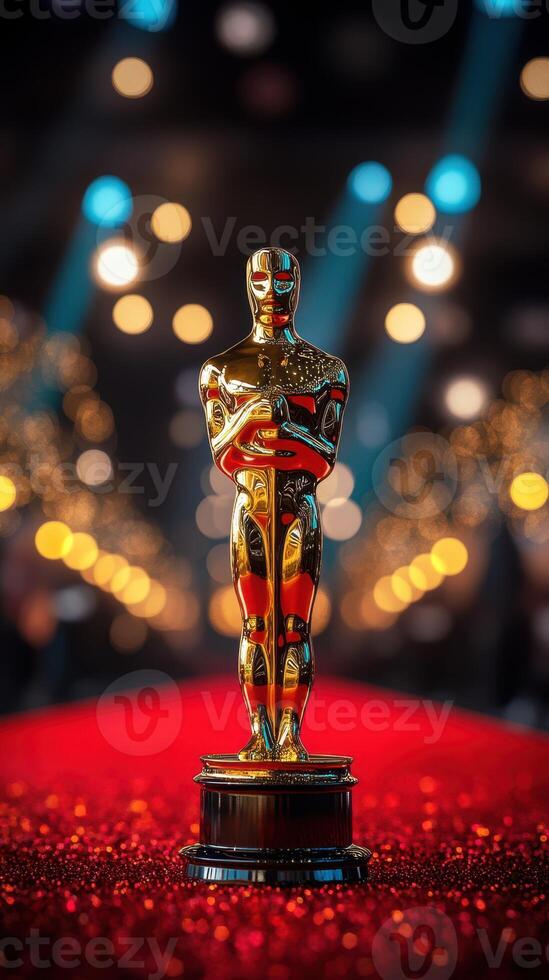 Gold statuette stands prominently on a shimmering red carpet surrounded by illuminated bokeh lights photo