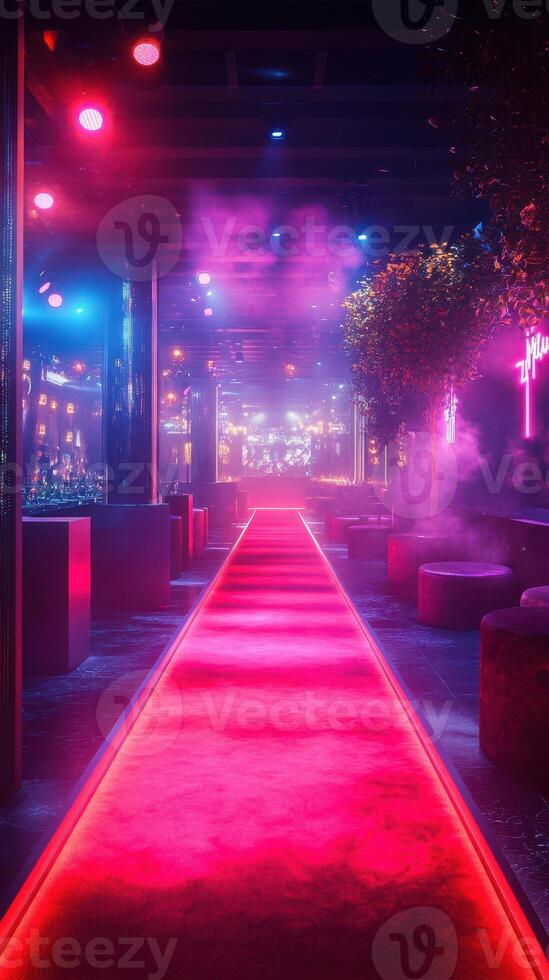 Vibrant nightlife atmosphere in a modern lounge with glowing red carpet and colorful lights at night photo