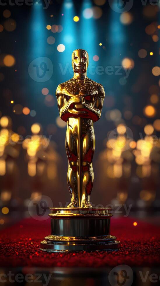 Golden trophy stands proudly on a red carpet surrounded by soft spotlight illumination at an award ceremony photo