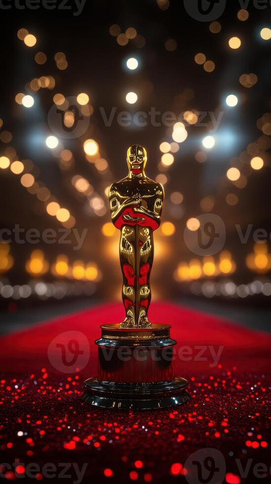 Gold award statue on a shimmering red carpet illuminated by soft lights during a prestigious film event photo