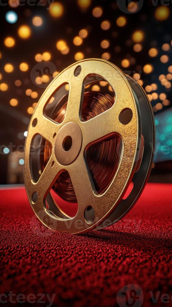 Vintage film reel resting on a red carpet under bright ambient lights in an elegant venue photo