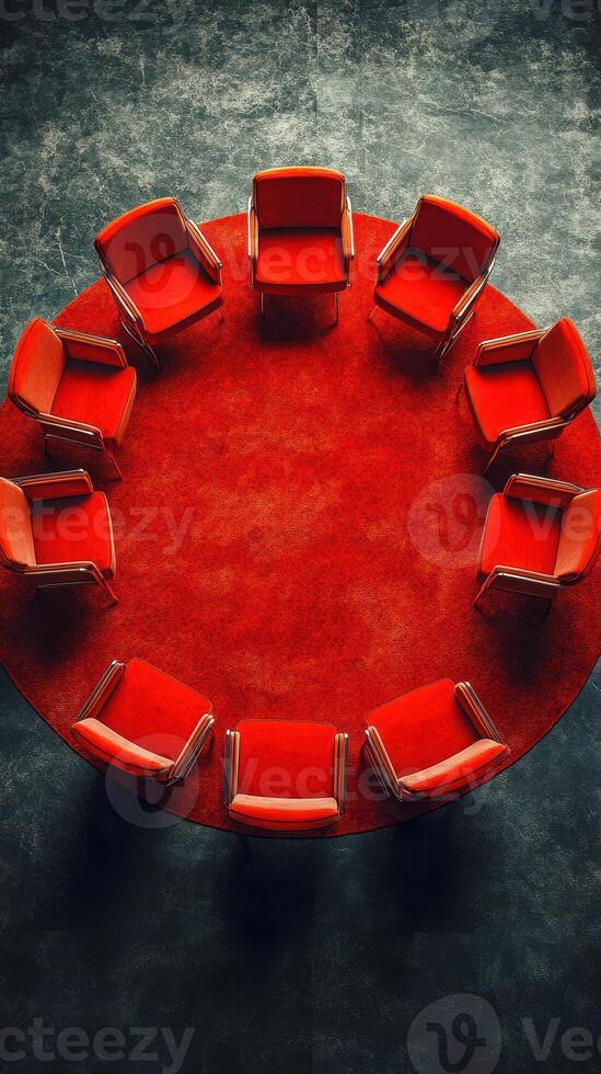 Circular arrangement of red chairs on a vibrant red carpet in an indoor setting photo