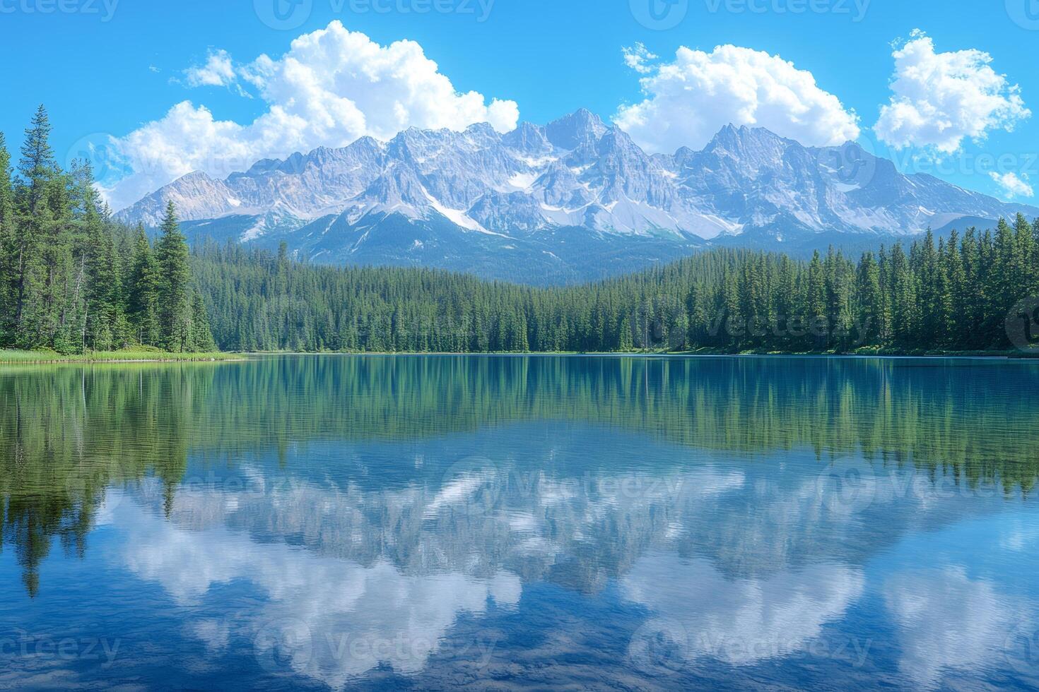 Emerald Lake reflecting the Canadian Rockies and coniferous forest on a sunny day photo