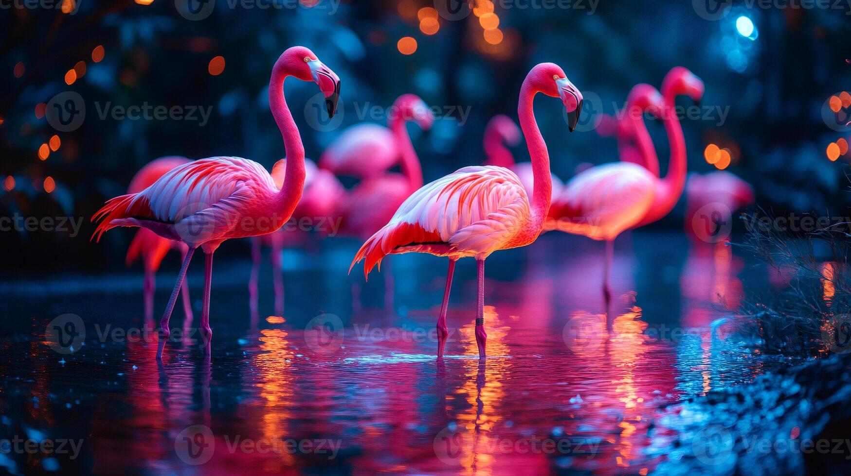 Pink flamingos wading in colorful illuminated water at night photo