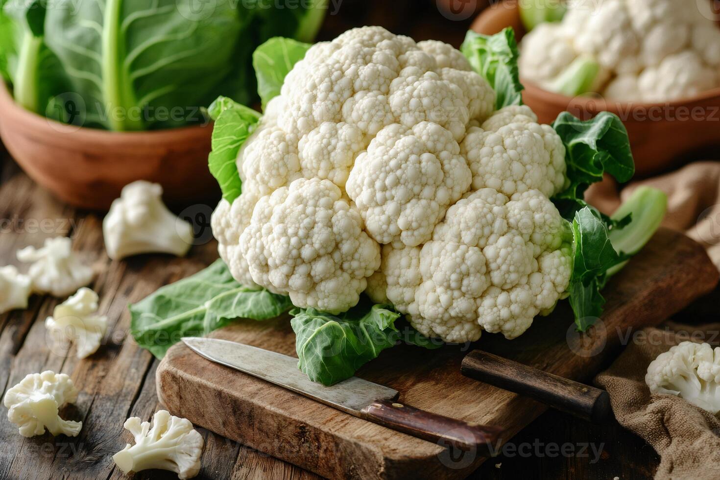 Fresh cauliflower head resting on wooden cutting board with knife photo
