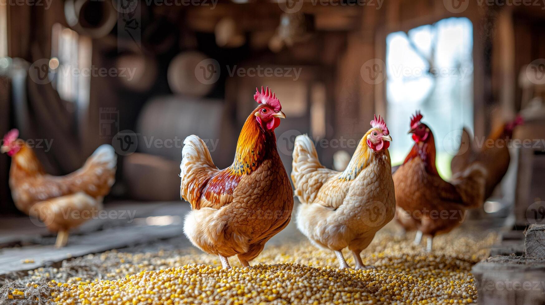 Chickens eating corn in a barn on a farm photo